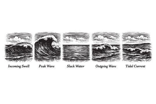 Black and white illustrations depicting ocean wave conditions: incoming swell, peak wave, slack water, outgoing wave, and tidal current, set against white background.