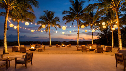 Evening beach resort relaxation lit seating areas under palm trees at dusk