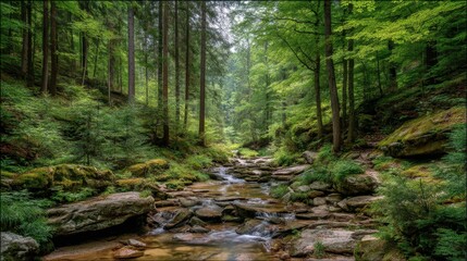 Fototapeta premium Tranquil Stream Flowing Through Lush Green Forest with Verdant Foliage and Rocky Bed Amidst Serene Wilderness