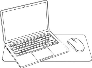 Minimalist Line Art Laptop with Mouse on Mousepad &ndash; Remote Work Setup Vector for Digital Nomads, Students, Tech Brands & Workspace Design