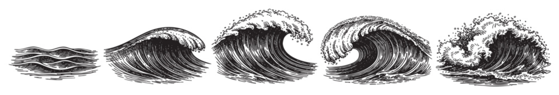 Vector illustration showing ocean waves progressing from calm to crashing in a detailed engraving style on a clean, white background. Useful for designs that require nautical, sea or ocean themes.