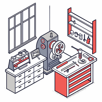 Illustrated workshop with tools and machinery