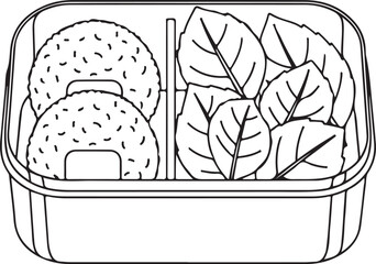 Minimalist Line Art Bento Box with Onigiri & Leaves &ndash; Japanese Lunchbox Vector for Meal Prep, Food Blogs, Healthy Eating & Cultural Cuisine Design