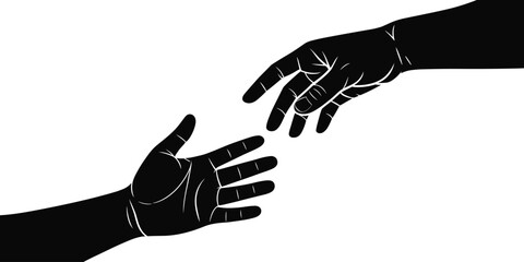Graphic black hands reaching out in minimalist illustration offering support assistance in monochromatic design concept for healthcare nonprofit organizations social responsibility campaigns partnersh