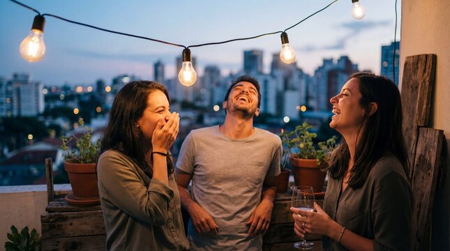 Three friends laughing and enjoying drinks on balcony at night  