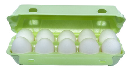 Eggs in an organic box on a white background. Chicken egg isolate in a package.
