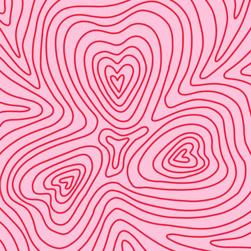 Valentine s day background with linear texture topographic contour line, isolines with hearts. Romantic Map backdrop. Hand drawn vector illustration.