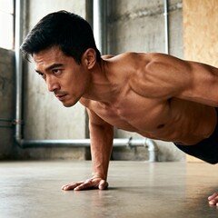 Obraz premium 콘크리트스튜디오에서외팔팔굽혀펴기하는강인한남성트레이너