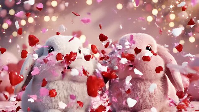 Valentine's Day Bunnies in Love - This video shows two adorable, fuzzy bunnies amidst a flurry of pink and red heart-shaped confetti, celebrating love.