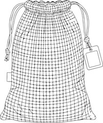 Minimalist Line Art Checkered Drawstring Bag with Tag &ndash; Reusable Gift & Laundry Bag Vector for Eco Brands, Travel, Minimalist Lifestyle & Packaging Design