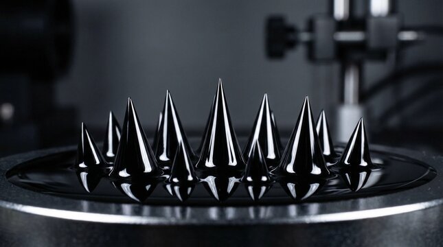 Macro of black ferrofluid magnetic liquid spikes texture