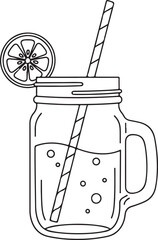 Minimalist Line Art Mason Jar Drink with Lemon Slice & Striped Straw &ndash; Summer Beverage Vector for Cafes, Food Blogs, Healthy Drinks & Lifestyle Branding