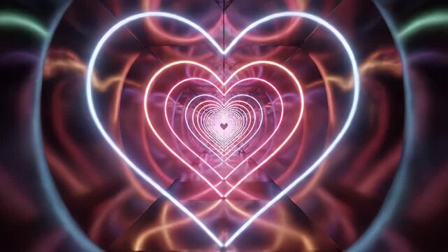 Tunnel of Neon Hearts - The video shows a tunnel of neon hearts receding into the distance. The hearts are lit in various shades of pink and white, giving the illusion of depth.