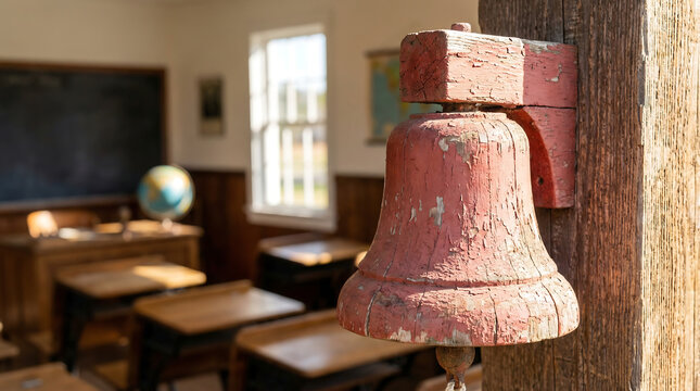 Close-up of an old, weathered red wooden school bell in a vintage classroom setting, evoking nostalgia for traditional education.
