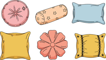 Decorative cushion and pillow illustration set with various shapes patterns and cozy home decor elements in flat vector style