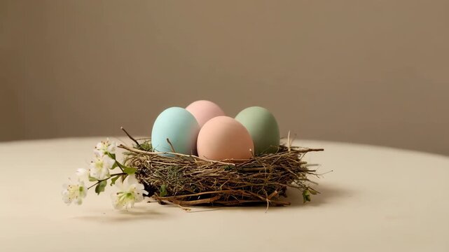 Easter decoration with pastel colored eggs in a nest