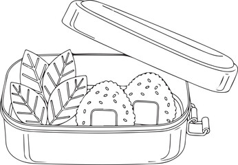 Minimalist Line Art Bento Box with Onigiri & Leaves &ndash; Japanese Lunchbox Vector for Meal Prep, Food Blogs, Healthy Eating & Cultural Cuisine Design