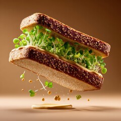 Levitating healthy sprout sandwich with whole wheat bread and spread