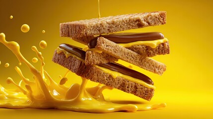 Levitating Gourmet Toast Sandwich with Chocolate and Yellow Sauce