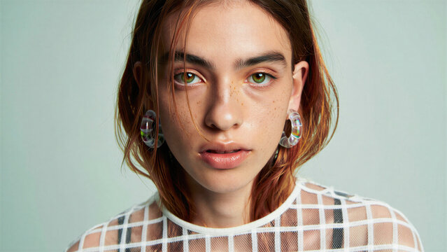 Modern close-up portrait of a young woman with minimal makeup, wet hair, holographic earrings, green eyes and sheer grid top, capturing the raw beauty and soft intensity of contemporary femininity