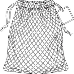 Minimalist Line Art Mesh Drawstring Bag with Tag &ndash; Eco-Friendly Reusable Shopping & Produce Vector for Sustainable Living, Travel, Gym & Zero Waste Brands