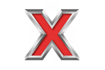 Large red X with silver border symbol mark isolated on a transparent background