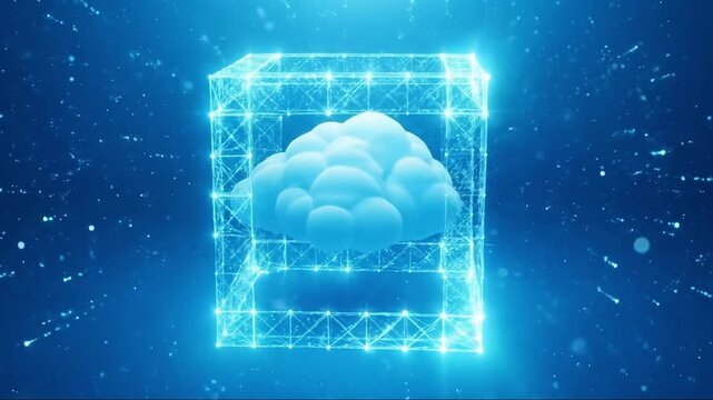 A cloud is inside a wireframe cube with blue background