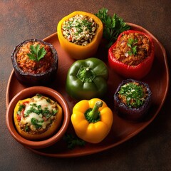 Delicious Assorted Stuffed Bell Peppers on a Rustic Platter