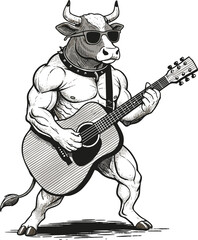 Fototapeta premium Muscular Cow Playing Acoustic Guitar with Sunglasses, Funny Character Art