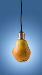 Pear shaped like a hanging light bulb with socket and cable on blue background, playful conceptual fusion of fruit and illumination, creative visual metaphor for fresh ideas, innovation, imagination
