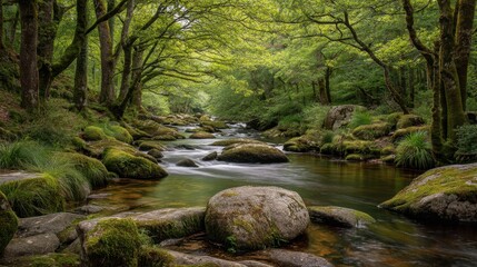 Obraz premium Serene Flowing Creek Surrounded by Mossy Banks and Leafy Trees in a Tranquil Natural Setting