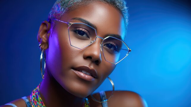 Stylish Black Woman in Geometric Glasses with Neon Blue Lighting