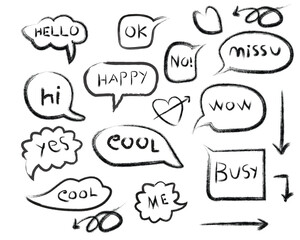 Collection of hand drawn speech bubbles with various greetings and expressions