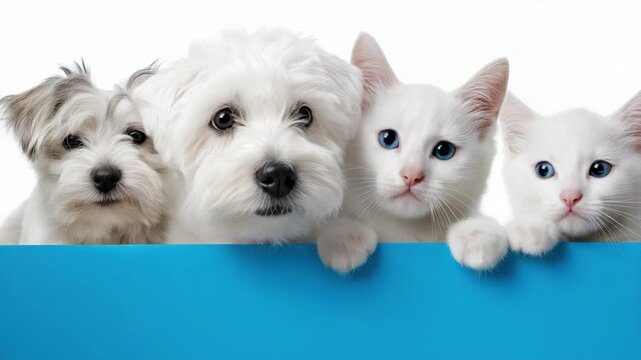 Curious puppies and kittens peeking over blue barrier in unison