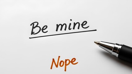 White paper note with handwritten be mine text and blunt nope refusal in orange marker. Funny romantic rejection concept with pen for anti valentine day design