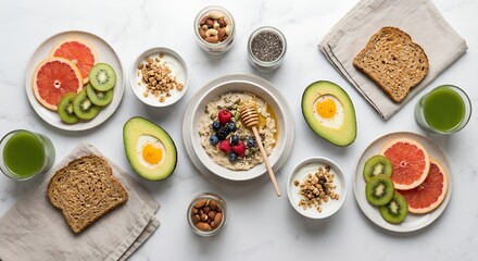 Overhead view of a vibrant healthy breakfast spread with oats, fruits, eggs, and toast on a white marble table for balanced nutrition and wellness concept