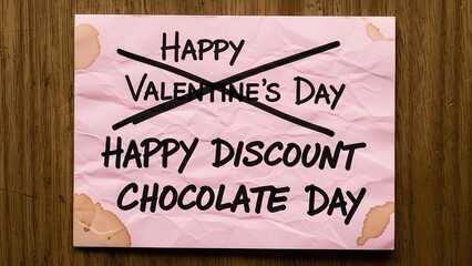 Crumpled pink paper texture with happy discount chocolate day text replacing valentine. Funny sarcastic quote about cheap sweets sale after the holiday for singles
