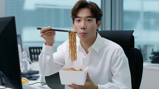 Business professional enjoying quick noodle lunch with chopsticks in modern office