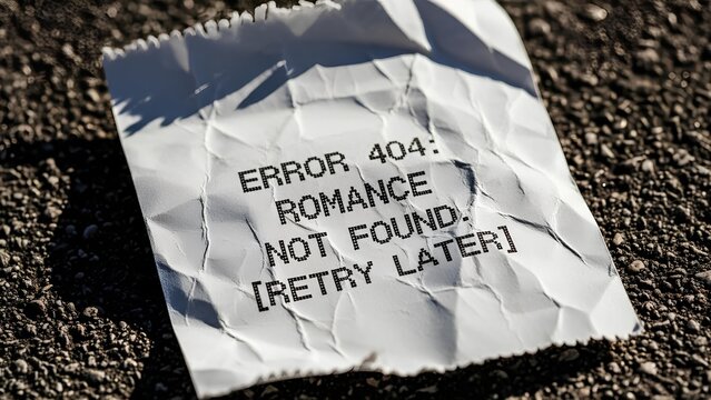 Crumpled white paper lying on asphalt with error 404 romance not found text. Funny geeky computer glitch joke regarding relationship status and failed love - Powered by Adobe