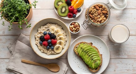 Healthy breakfast spread with oatmeal, fresh fruits, avocado toast, and granola on a wooden table for a wellness concept and balanced diet