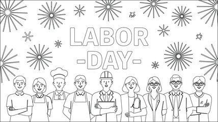 Labor Day text with diverse professionals outline illustration