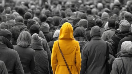 Obraz premium A Colorful Woman in a Desaturated Crowd Symbolizing Individuality and Identity Amidst Collective Existence