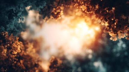 A serene scene of sunlight filtering through foliage, creating a warm, glowing atmosphere with a blend of colors.