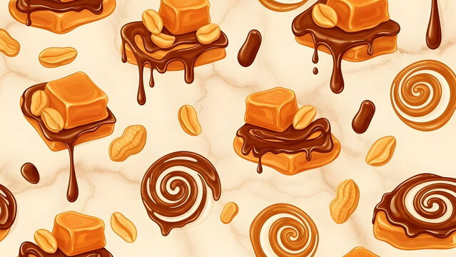 Sweet Caramel and Chocolate Squares with Peanuts Seamless Pattern Illustration for Dessert Branding