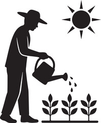 shilhoute of farmer giving water to plant 