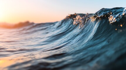 A close-up view of ocean waves reflecting sunlight, showcasing the beauty and movement of water with a serene sunset in the background.