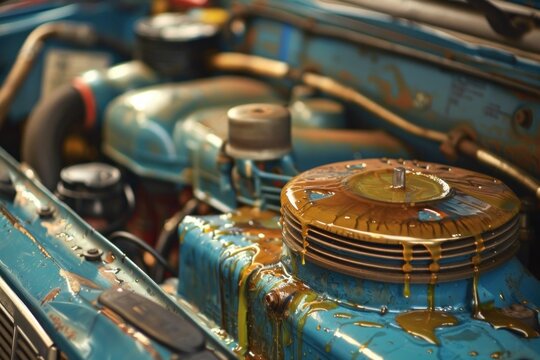 Engine oil is leaking and covering a dirty blue car engine