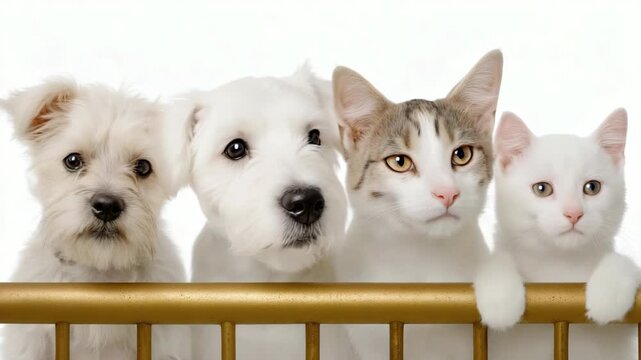 Curious pets peering over a fence: adorable puppies and kittens observing together