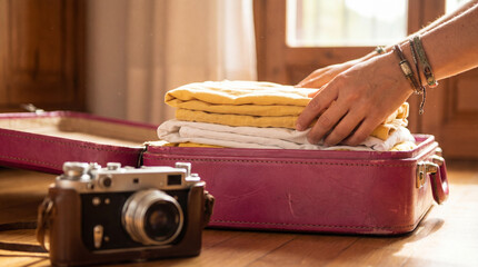 Hands packing clothes into pink suitcase for summer travel