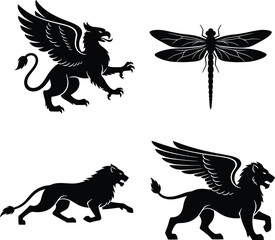 Fototapeta premium Collection of Mythical Creatures and Wildlife Silhouettes Including Griffin, Winged Lion, Traditional Lion, and Dragonfly Vector Illustrations